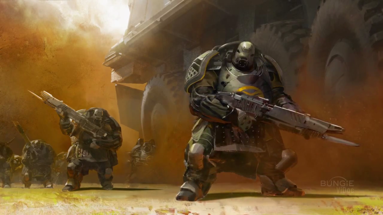 These "rhino-like"  Cabal, looking like a cross between Halo's Hunters and Mass Effect's Volus, appear to be on Venus or perhaps Mars, and in possession of some rather large guns with some rather large bayonets and a considerably larger wheeled vehicle.