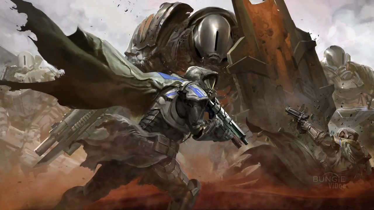 The vertical slit helmet here is similar to that shown earlier on a human Warlock character, and the large shield on the left hand definitely evokes the feel of a Hunter from Halo. 