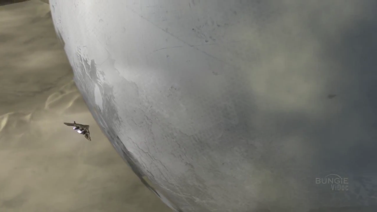 A ship, presumably piloted by a player, swings around from the far side of the Traveler...