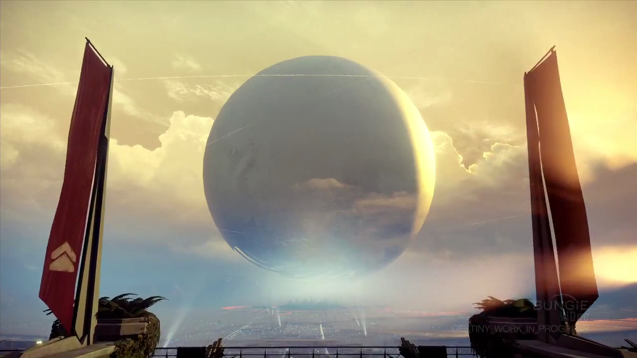 This would presumably be a view from the Tower. It appears to be on the edge of the city, rather than directly underneath the Traveler.