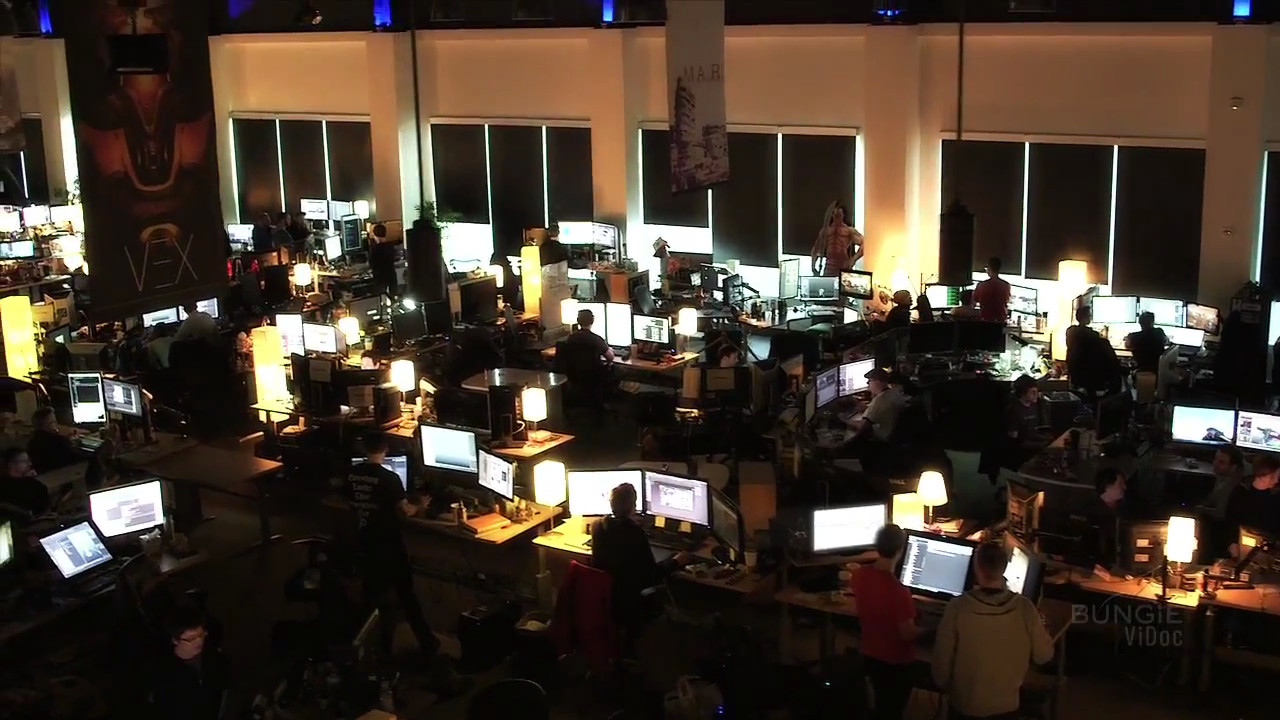 Bungie has generally preferred open plan or "war room" designs for their working spaces, and famously rebelled against Microsoft's cubicle culture shortly after the buyout. Desks are all on wheels, allowing for small teams to be configured and reconfigured quickly.