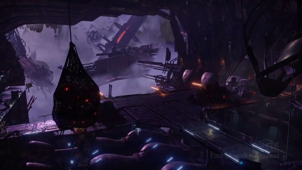 The color scheme makes this scene seem reminiscent of Covenant environments from Halo, but the structural elements in the distance seem human in origin, while those closer to the camera have that vaguely organic look Bungie has assigned to alien technology, most notably the Pfhor and the Covenant.